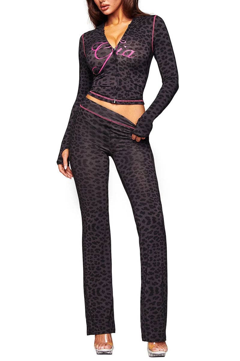 Leopard Print Hoodie and Flare Pants Set- clothes
