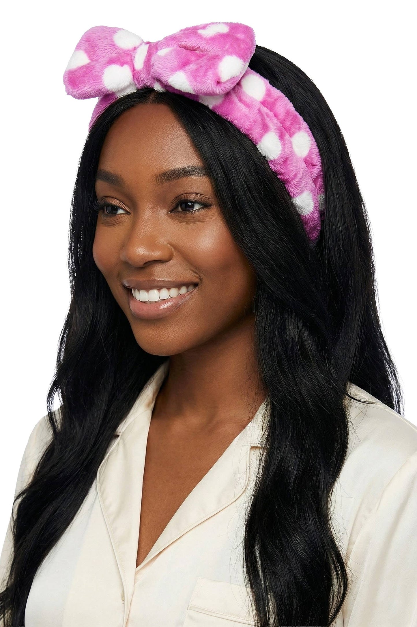 Polka Dot Ribbon Bow Fuzzy Fleece Spa Headband
