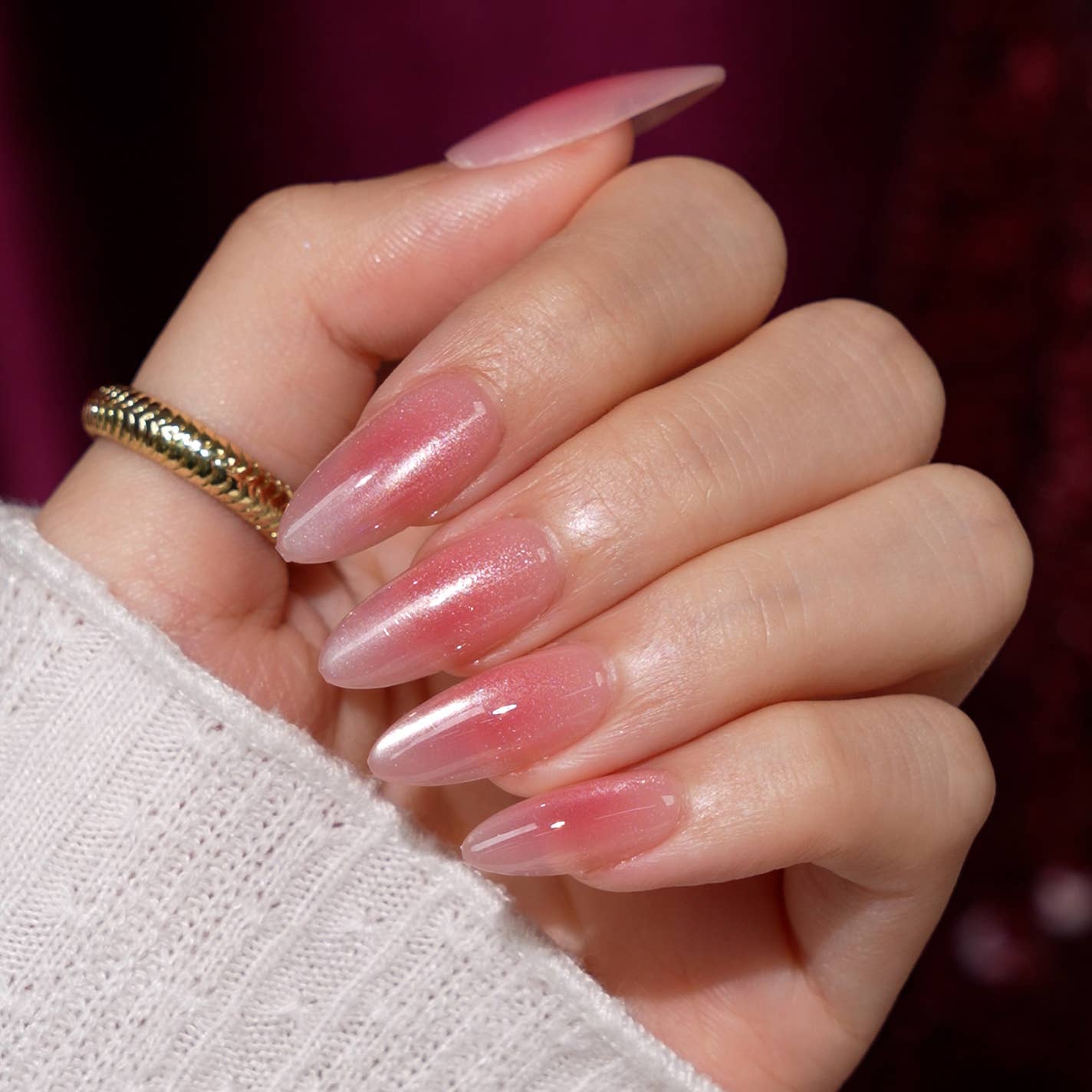 3D Golden French Tip Cat Eye Nails- 32pcs Short Almond Brown