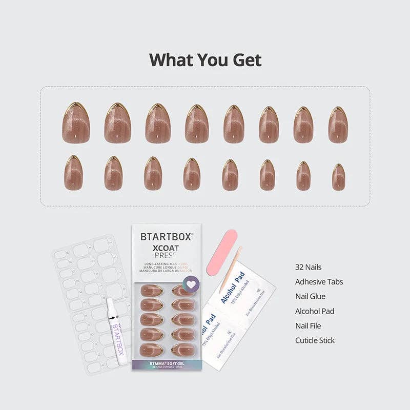 3D Golden French Tip Cat Eye Nails- 32pcs Short Almond Brown
