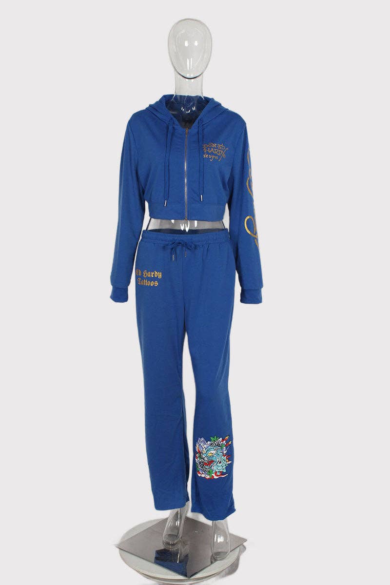 Skull Embroidered Casual Tracksuit Set-clothes