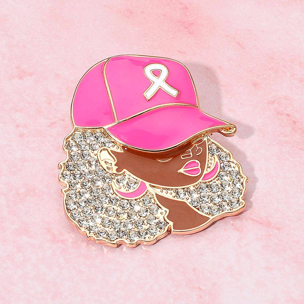 Rhinestone Paved Cool Afro Woman in Awareness Pink Ribbon Cap Pin Brooch