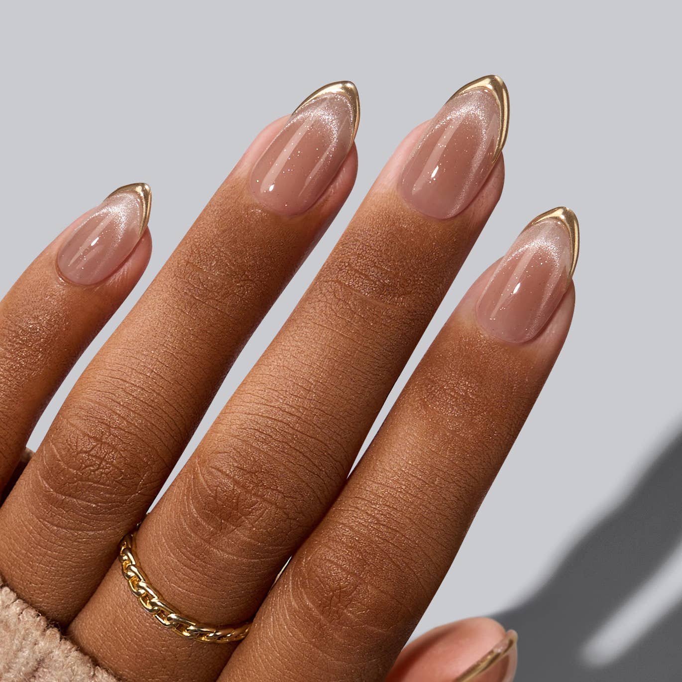 3D Golden French Tip Cat Eye Nails- 32pcs Short Almond Brown