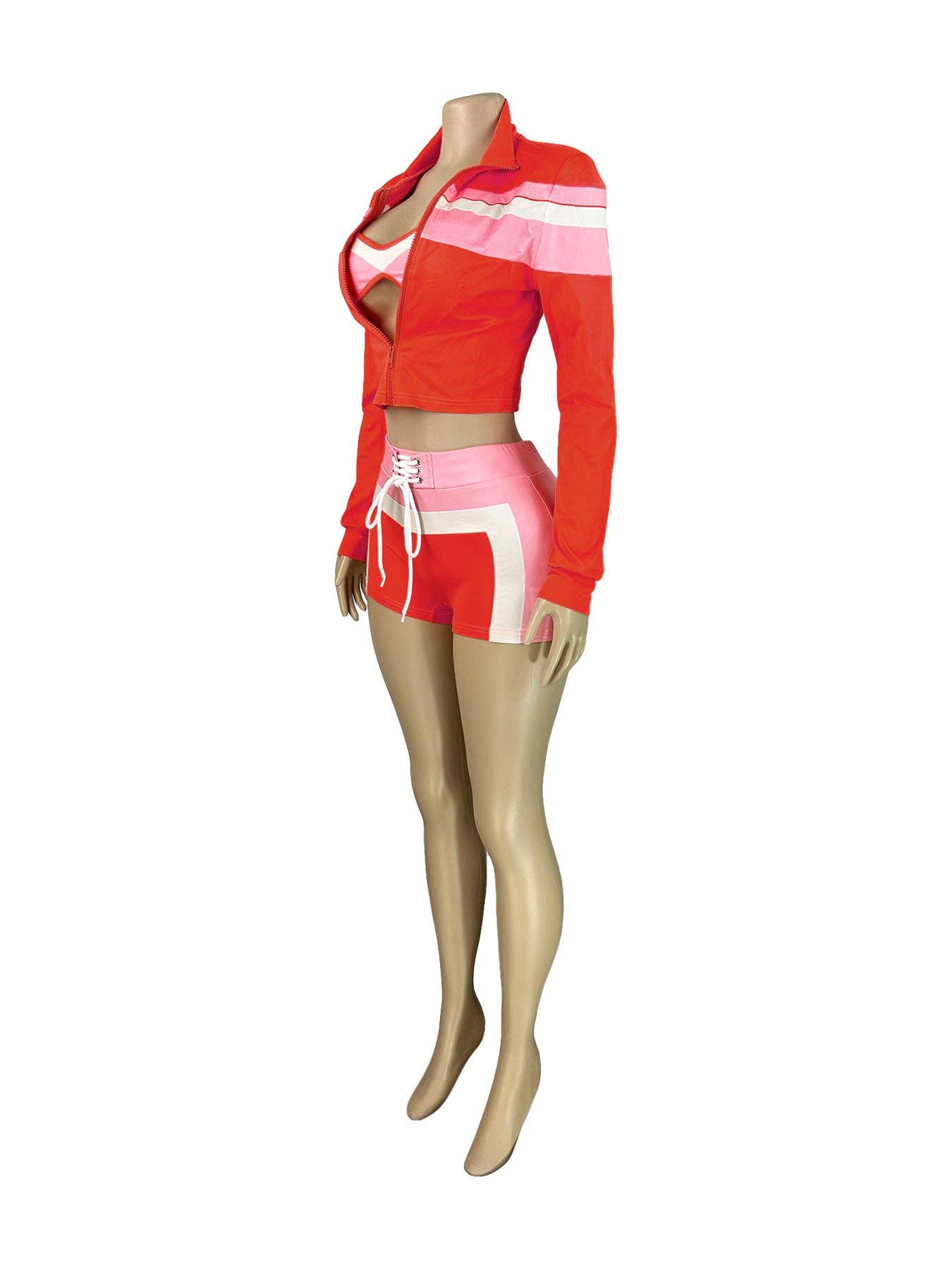 FASHION Three-Piece Zip-Up Jacket, Crop Top, and Lace-Up Shorts Set 5029LY-clothes