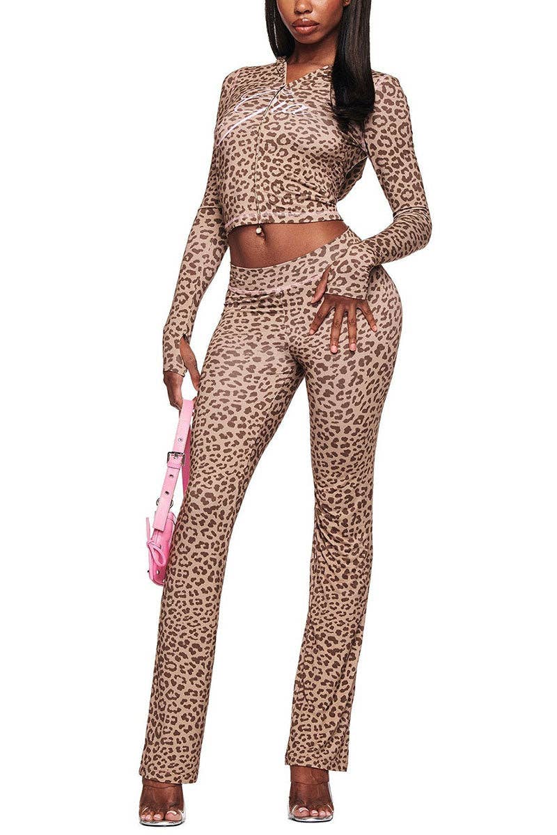 Leopard Print Hoodie and Flare Pants Set- clothes