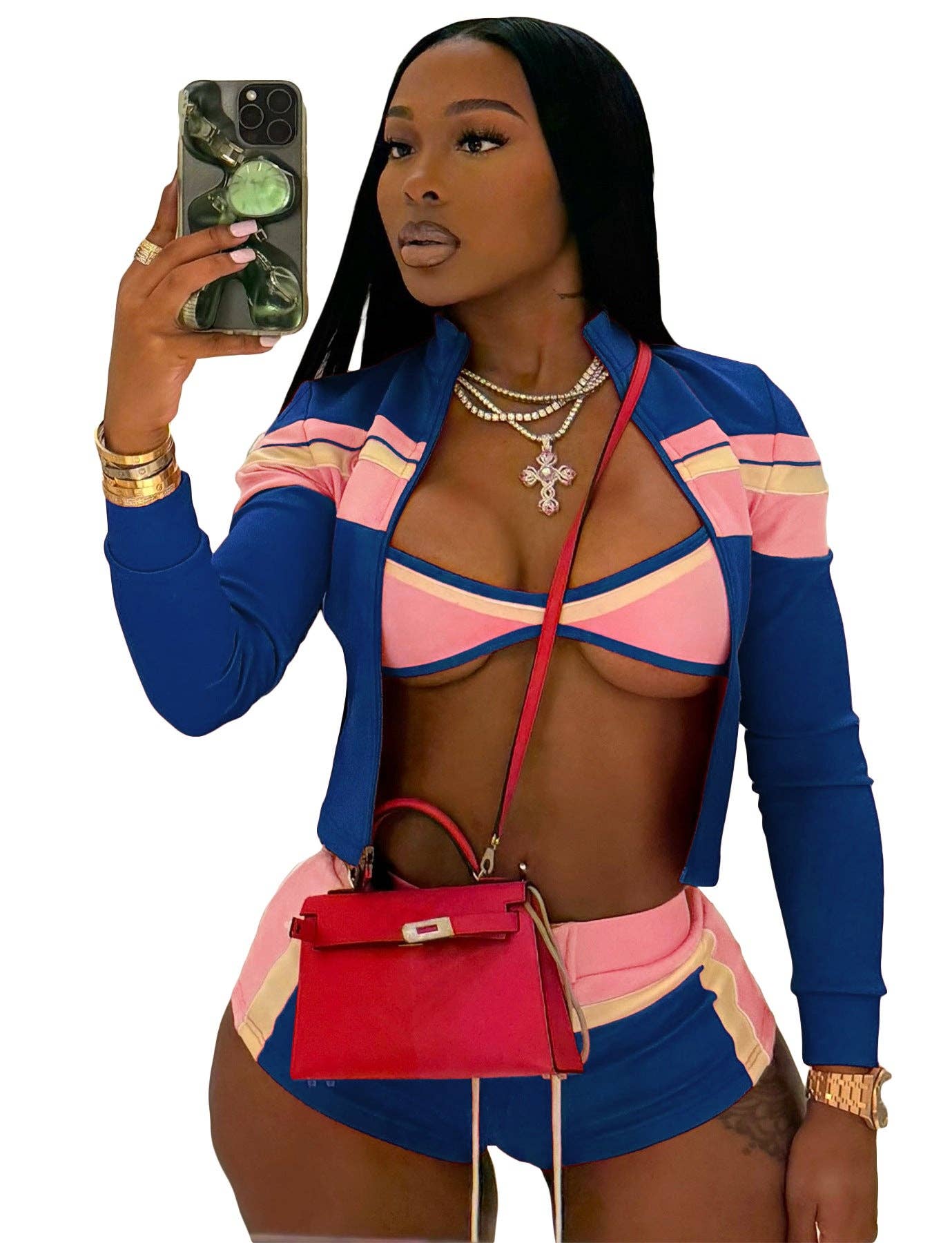 FASHION Three-Piece Zip-Up Jacket, Crop Top, and Lace-Up Shorts Set 5029LY-clothes